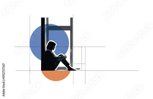 Black and white solitary person sitting by a window in calm reflection, oversized bold soft blue circle behind the upper body like a quiet halo, warm muted