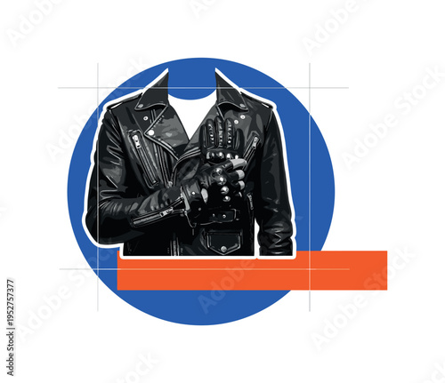 Black and white biker jacket detail with zipper and gloves, oversized vivid blue circular frame enclosing the torso, sharp orange rectangular block anchoring