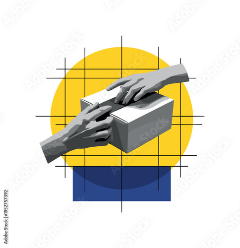 Conceptual packaging identity theme with black-and-white hands wrapping a box, bold yellow circular halo intersected by sharp black grid lines, navy