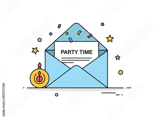 Birthday invitation concept built around an open envelope revealing a card labeled Party Time with tiny confetti accents, symbolizing anticipation, planning,