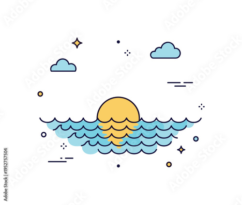 Quiet seaside evening depicted with evenly flowing waves reflecting a centered sun, expressing closure and gentle rhythm of nature. Minimal cloud and sparkle