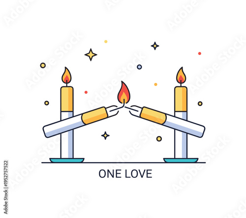 Wedding vows unity candle ritual featuring two slim candles merging into a single flame at the center, symbolizing two lives becoming one. The short phrase One