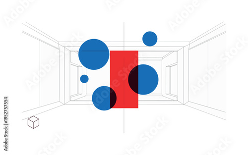 Black and white interior space with strong linear perspective, bold red rectangle placed centrally like an art installation, abstract blue circles floating