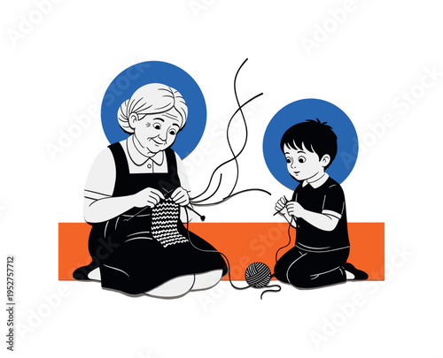 Black and white grandmother knitting while child watches attentively, bold blue circular halo around both figures, orange rectangular accent grounding lower