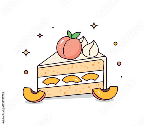 Peach shortcake slice soft sponge cake layered with cream and peach wedges, expressing juicy freshness and warm afternoon gatherings. Minimalist flat vector