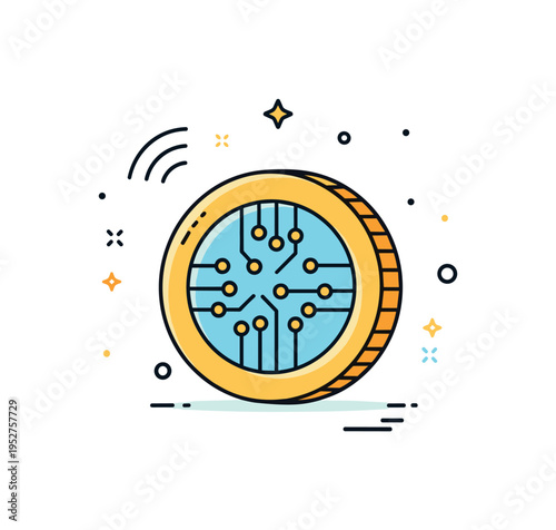 Digital currency modern financial technology concept illustrated by a bold coin icon with a subtle circuit pattern inside, expressing decentralized value and