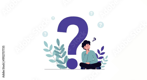 Vector flat design illustration of a man sitting cross-legged with a thoughtful expression, surrounded by foliage and a large question mark in a calming blue and green color scheme.