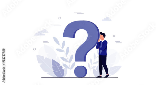 A man in a blue shirt stands next to a large purple question mark in a Vector Flat Design Ilustration with simple shapes and a minimalist background.