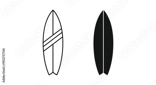Collection of simple vector graphic illustrations depicting two different surfboard icons for design projects