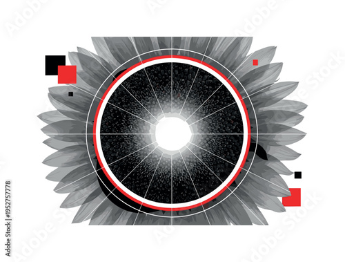 Close-up monochrome sunflower head combined with bold red circular frame and subtle grid lines, bright flash of light at the core creating dramatic contrast,