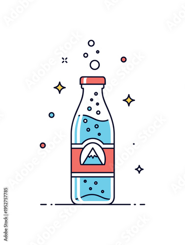 Carbonated mineral water packaging illustration featuring a tall bottle with a subtle mountain icon on the label and tiny bubble accents floating upward,
