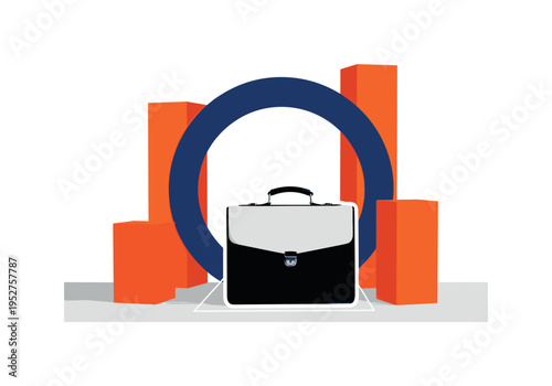 Black and white briefcase placed confidently on desk, oversized deep blue circular ring enclosing the object, vivid orange geometric blocks intersecting like