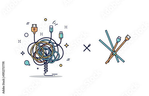 Cable tangle problem shown through a cluster of twisted charging cords forming a chaotic bundle, contrasted by a small organized cable tie icon. The scene