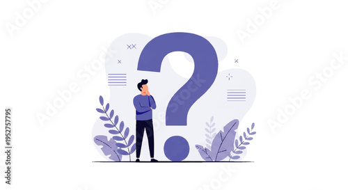 Vector flat design illustration of a man standing thoughtfully next to a large question mark, surrounded by purple leaves and abstract shapes on a white background.