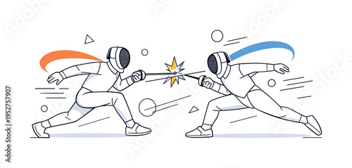 Modern fencing duel. Two athletes in masks lunging forward, thin swords aligned, abstract shapes emphasizing speed and timing. A dynamic snapshot of strategy,