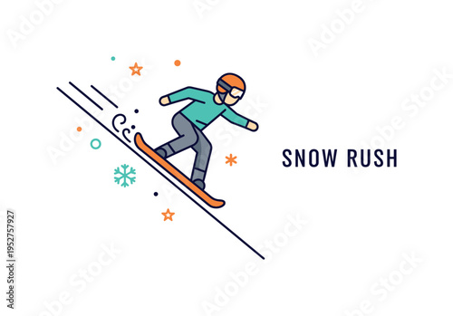 Extreme sports snowboarding mountain descent concept featuring a simplified snowboarder carving down a clean geometric slope with small snowflake accents,