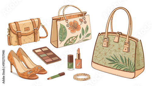 Hand drawn fashion accessories vector set with handbags makeup and shoes on white background