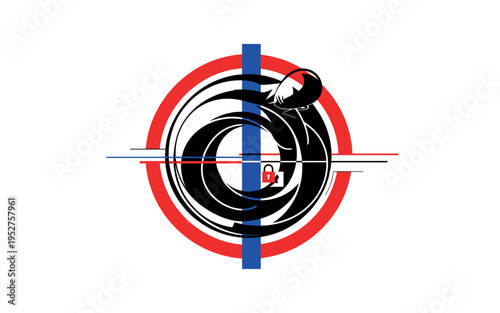 Black and white abstracted human figure tightly curled into almost perfect circle, bold red circular frame reinforcing shape, intersecting blue vertical bar
