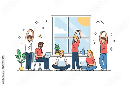 A group of freelancers stretching and chatting near a sunny window with laptops closed, illustrating relaxation, team bonding, and rejuvenation. Minimalist