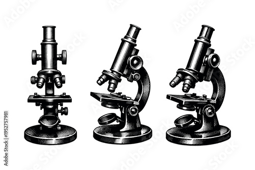 Antique brass microscope scientific instrument showing a classic monocular brass laboratory microscope with focusing knobs and round base presented in three
