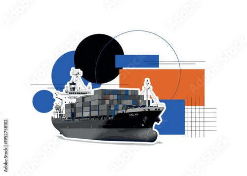 A black and white cargo ship in retro photographic style, layered as a cut-out object with subtle white outline, bold geometric circles symbolizing global