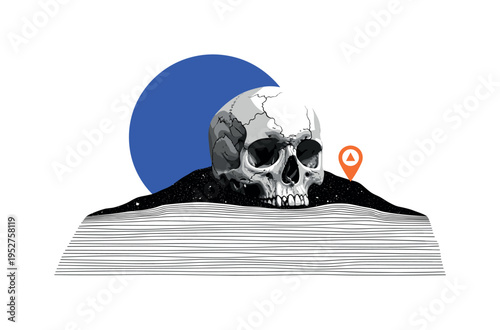 Black and white skull emerging from an archaeological mound, large flat blue circle offset behind, thin horizontal lines like stratified soil layers, small