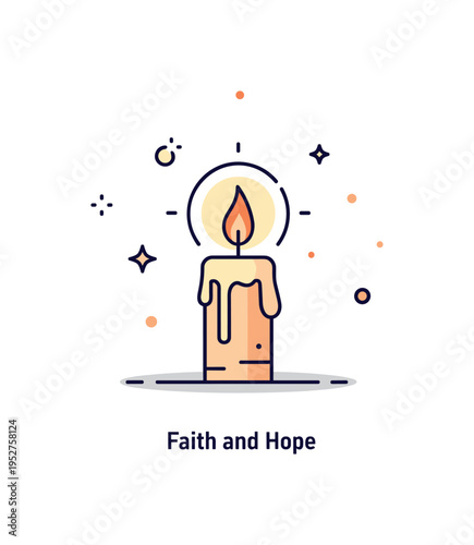 Prayer candle glowing softly with a single steady flame and subtle light halo, expressing quiet devotion and inner peace. A small ?Faith and Hope? caption