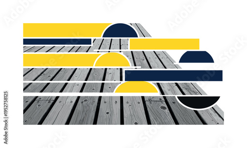 A monochrome dock edge viewed from close perspective, planks fragmented into layered geometric blocks and semicircles, bold flat color panels intersecting the