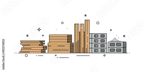 Construction raw materials yard with stacked lumber and concrete blocks symbolizing building supply management and site preparation. Balanced spacing and