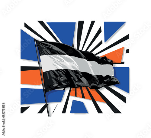 Black and white dramatic fabric of the victory flag waving strongly, exaggerated geometric folds and radial storm lines surrounding it, flat ultramarine and