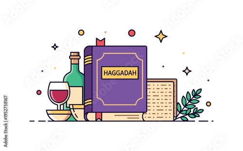 Seder preparation concept showing a Haggadah book alongside small symbolic elements like wine, matzah, and herbs, expressing anticipation, ritual organization,