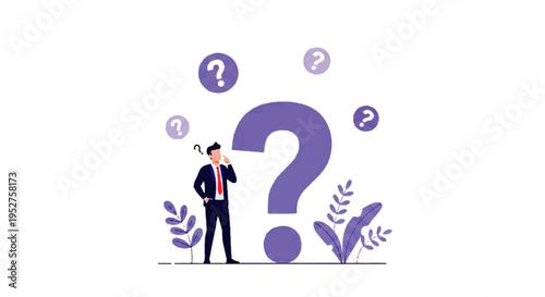 Vector flat design illustration of a businessman in a suit pondering with a large purple question mark and smaller question marks floating around him on a white background.