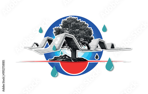 Black and white realistic tree canopy integrated with abstract flood barriers, vivid cobalt blue circular halo behind the composition, sharp red semicircle