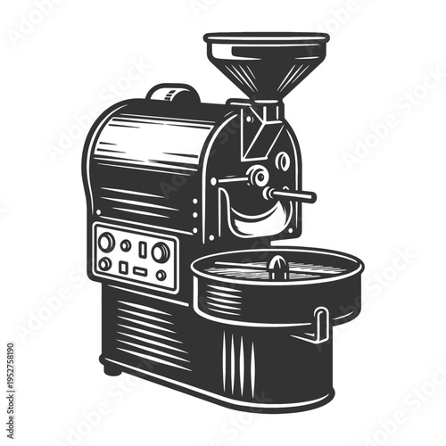 coffee roasting machine, coffee production, craftsmanship, roasting process, and traditional industrial equipment sketch engraving generative ai vector illustration. Scratch board. Black and white.