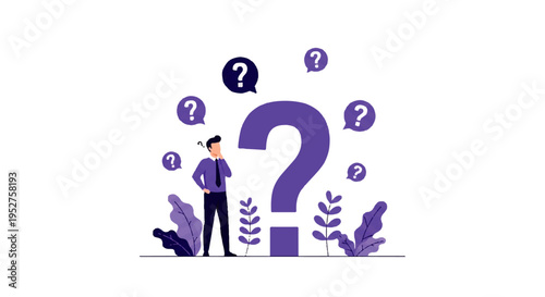 Vector flat design illustration of a puzzled man standing next to a large question mark surrounded by smaller question marks and purple plants on a white background.