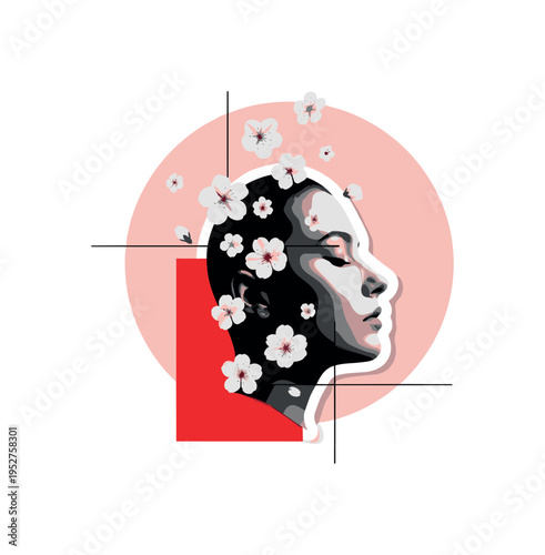 Black and white profile face with eyes closed surrounded by floating cherry blossoms, oversized pale pink circular frame behind the head, bold red geometric