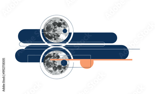 A monochrome full moon reflected in a still lake, reflection broken into clean geometric fragments and circular shapes, abstract horizontal lines marking the