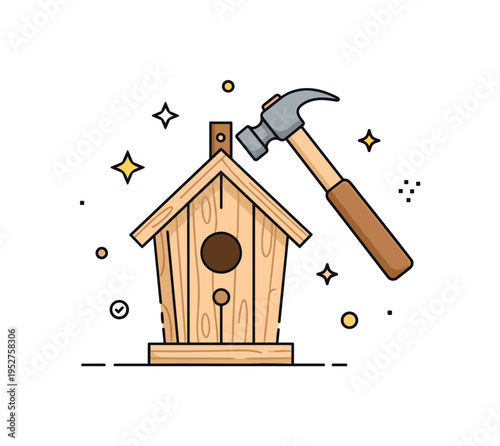 Beginner carpentry project focused on a small wooden birdhouse with a hammer resting beside it, symbolizing learning, patience, and approachable craftsmanship.