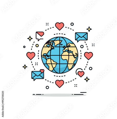 Interconnected social media world theme represented by a globe surrounded by heart and message icons linked through dotted arcs, expressing digital community