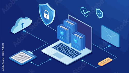 Isometric data protection concept with laptop cloud storage shield and lock icons on blue background symbolizing cybersecurity