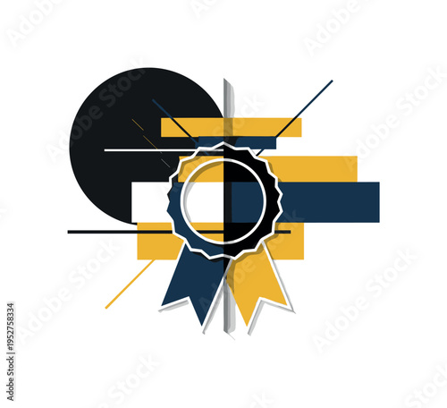 A monochrome close-up of a rosette ribbon center, intersected by large flat circular shapes and abstract rectangular color blocks symbolizing achievement, thin