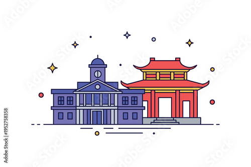 Architectural and urban legacy theme depicted by a colonial style building silhouette beside a traditional structure icon, symbolizing cultural layering and