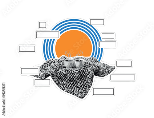 Black and white knit blanket texture enlarged as central element with two steaming cups resting on top, bright orange circular backdrop and blue concentric