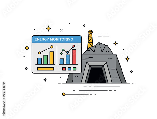 Energy monitoring in mining facilities featuring a simplified control dashboard with bar charts beside a mine entrance silhouette, symbolizing data driven