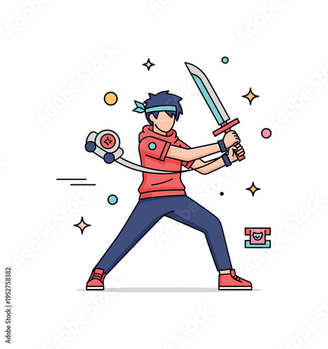 A crossplayer posing with dynamic action stance and props inspired by a popular anime, illustrating energy, skill, and immersive roleplay. Minimalist flat