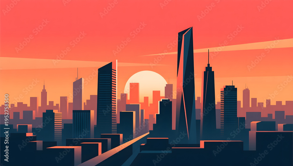 Fototapeta premium Modern city building silhouette under sunset