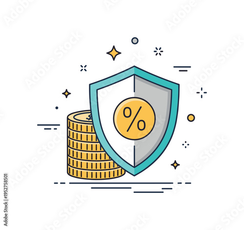 Healthy business profitability shield icon protecting a coin stack with a visible percentage symbol, representing stable margins and resilient financial