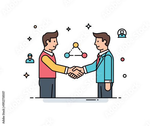 Networking event interaction two professionals exchanging a handshake with a subtle connection line linking them, suggesting opportunity and collaboration. A