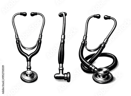 Vintage medical stethoscope device showing a classic early metal binaural stethoscope with rubber tubing and round chest piece presented in three views: front,