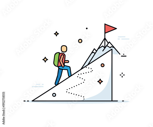 Hiking trail slope scene showing a person walking upward along a diagonal path toward a small summit flag, symbolizing challenge and achievement. A balanced